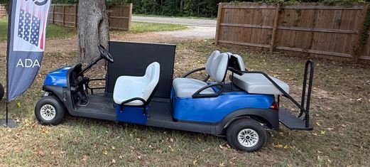 Ramp Closed Side Profile View of a Blue Wheelchair Accessible Golf Cart made by Wheelchair Accessible Transporation, LLC